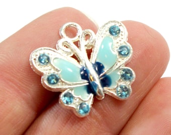 Blue and Silver Butterfly Charms. (3) Enameled Butterfly Pendants. Blue Butterfly Beads. Blue Crystal Butterfly Jewelry. Blue Enamel 21mm