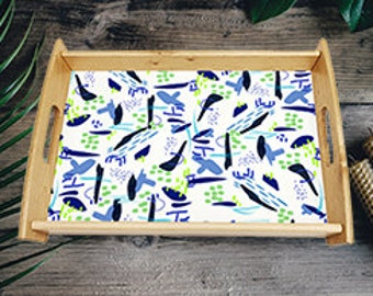tea tray, serving tray, breakfast tray, dinner tray, tray with handles, wooden tray, abstract, coffee tray, blue, green, kitchen tray, wipe