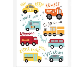Vehicle art print, trucks, trains, cars wall art, transportation wall art, nursery vehicles art print, construction poster, baby boy art