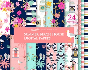 Summer Beach House, Summer, Summer Beach, Nautical, Summer Flower, Summer Party, Summer Digital Paper Pack - Instant Download - DP112