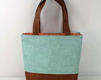 Lulu Large Tote Diaper Bag Canal Denim with PU Leather - READY to SHIP Carrots Trellis Lining With Shoulder Straps 6 pockets Nappy Bag