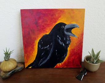 Raven's Call: acrylic painting on cradled wood panel, 8x8 inches