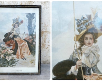Vintage Antique 1900 French La balançoire chromolithograph die cut framed under a glass/ stucco frame