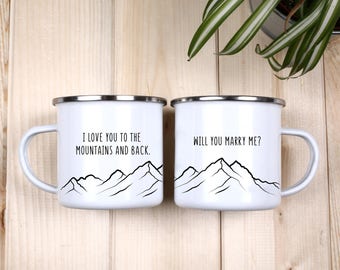 Engagement Mug Will You Marry Me Camp Mug Mountains I Love You Mug Enamel Mug Proposal Mug Marry Me Camping Mug Engagement Enamel Mug