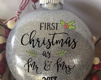 First Christmas as Mr. and Mrs. Ornament, Glitter Ornament, First Christmas Married, Wedding Gift, Gift for Newlyweds, Bridal Shower Gift
