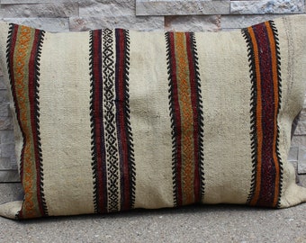 22" X 33" Large Queen Striped Kilim Pillow Cover, Cream Red Mustard Mid-century Modern Accent Pillow, Eclectic Apartment Therapy Pillow
