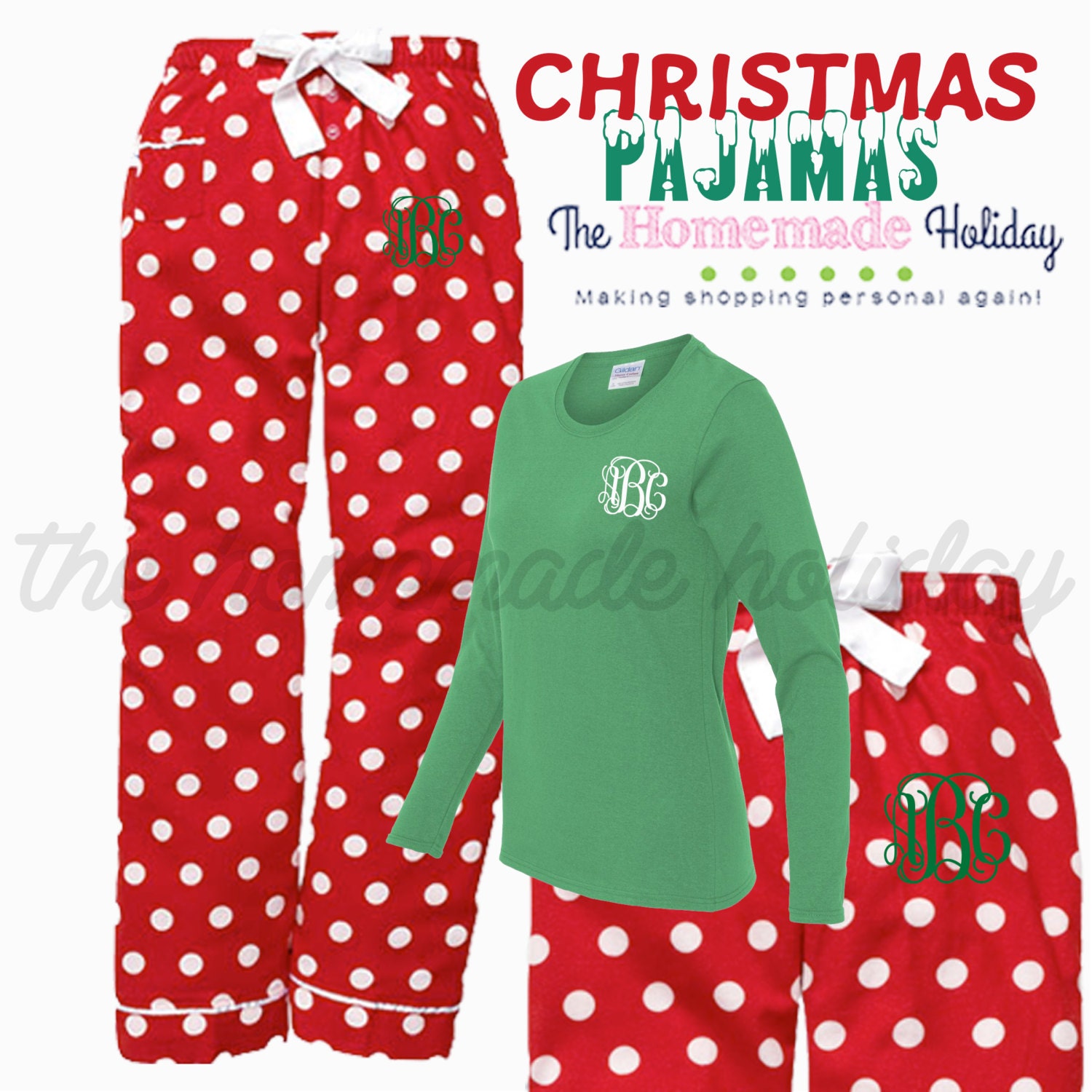 Christmas Pajama set long sleeves Christmas flannel red polka