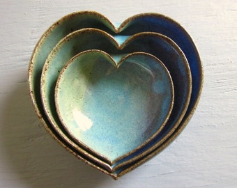 3 nesting ceramic heart bowls - 4 inches handmade - wheel thrown