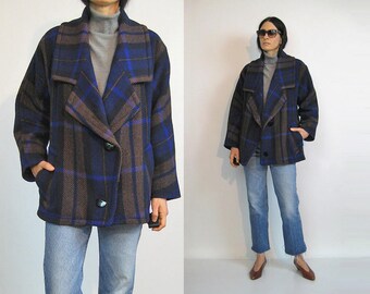 Cobalt n Cocoa Plaid Wool Coat / Vintage 80s Plaid Wool Coat / 1980s Oversized Boxy Wool Coat / Large Collar Coat / Plaid Coat