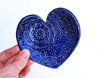 Blue Heart Dish - Ceramic, Pottery - Spoon Rest, Soap Dish, Tea Bag Rest, Jewelry Dish, Ring Holder - Valentine Gift - Blue Lace Heart Dish