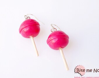 Hot Pink Lollipops Earrings, Candy Earrings, Candy Jewelry, Lollipop Jewelry, Miniature Food Earrings, Kawaii Jewelry
