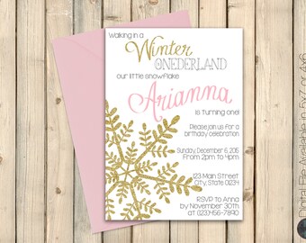 Winter Onederland Invitation, Girl First 1st Birthday Wonderland, Winter Holiday Party, Christmas, Snowflake, Printed Invitation or Digital