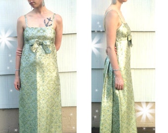 Vintage 60s Green and Silver Lame Metallic Brocade Maxi Prom Dress Party Dress Print Small 4 - 6