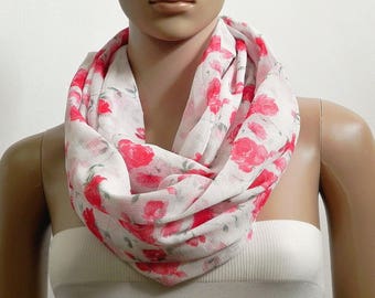 Floral Infinity Scarf Shawl White Red Chunky Fashion Scarves for Women Cowl Scarf Long Tube Scarf Loop Summer Scarf Gift for her Handmade