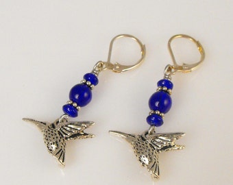 SALE! Hummingbird Charm Earrings. Blue Earrings. Handmade Jewelry