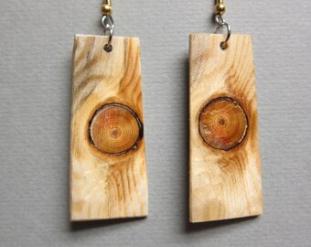Glowing Pine with Knots longRectangle Exotic Wood Dangle Earrings ExoticWoodJewelryAnd handcrafted ecofriendly