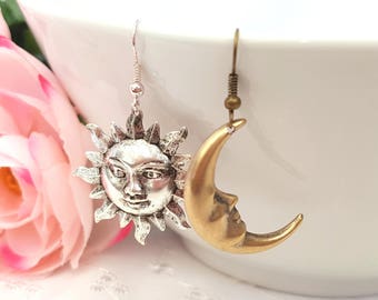 Mismatched Earrings, Sun and Moon Earrings, Drop Earrings, Silver Sun, Antique Gold Moon, Choice of Ear Wires