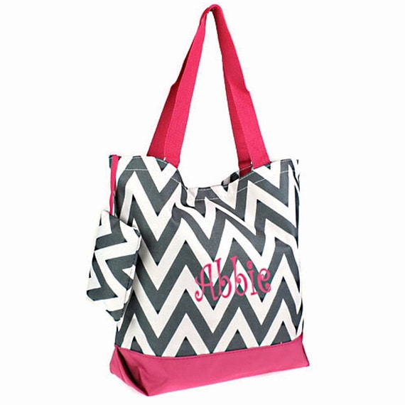 Personalized Tote Bag Chevron Zig Zag Totebag Gray Chevron