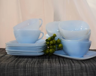 Set of 8 Azurite Anchor Hocking Fire King Glass Tea Cups and Saucers