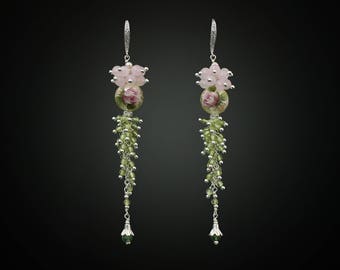 Cluster Earrings Green Earrings Long Earrings Tensha Bead Earrings Gemstone Earrings Peridot Earrings Bridesmaid Earrings Everyday earrings