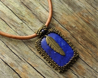 Beaded Cabochon Beaded Bale Necklace - Bead Weaving - Statement Necklace - Large Lapis Cabochon Pendant - Leather Cord - BOHO