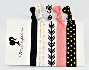 Elastic Hair Ties, Arrows, Coral, Black, Gold, FOE Hair Ties, Hair Accessories, Ribbon, Ponytail Holder, Knotted Hair Ties missponytail