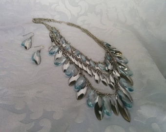 VCLM Bib Necklace and Earrings Silver and Aquamarine, Aquamarine and Silver Necklace and Earring Set, VCLM Jewelry, VCLM Necklace Earring