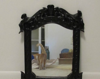 Wall Mirror, Ornate Heavy Plaster Frame, Painted Black, Hollywood Regency, 1960's or 1970's