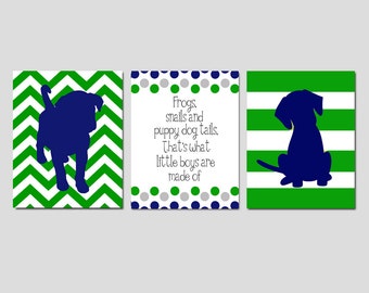Baby Boy Puppy Nursery Art Trio - Set of Three 8x10 Prints - Chevron Stripe Puppy Dogs, Polka Dot Quote - Frogs Snails and Puppy Dog Tails