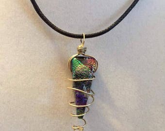 Wire wrapped rainbow dichroic glass pendant
