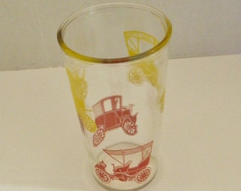 Vintage Swanky Swig Drinking Glass w/ Red and Yellow Antique Cars Anchor Hocking