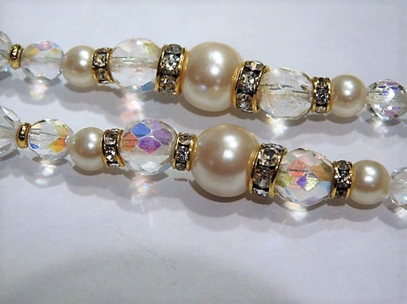 Crystal Rhinestone and Faux Pearl Necklace / 30" Opera Length