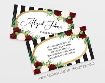 Event planner business cards - Striped business cards - Printable business cards - Floral peony business cards - makeup business cards