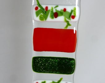 Christmas Fused Glass Light Catcher Suncatcher - Holly, Shimmering Green and Red