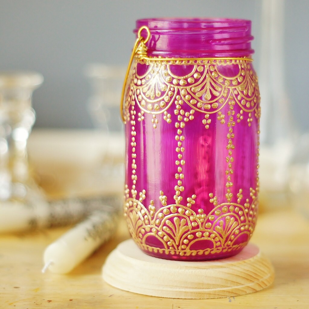 Henna Inspired Mason Jar Lantern Hot Pink Glass With Golden