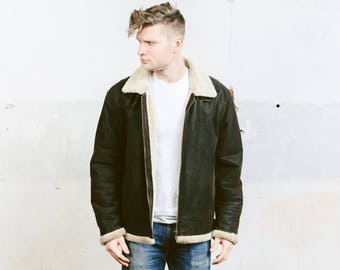 Vintage Sheepskin Jacket Coat . Mens 80s Sherpa Coat Winter Leather Brown Jacket Outerwear Long Jacket . size Extra Large