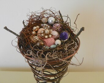 Bird nest with costume jewelry eggs in bed spring/Jewel eggs in bird nest/Bird nest in bed spring/OOAK spring home decor