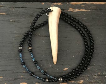 Black and Blue German Glass Beaded Deer Antler Tine Necklace
