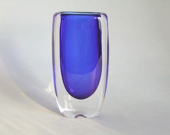Scandinavian cased Sommerso art glass crystal vase 10,5 cm. tall blue drop inside Mid Century Modernist Scandinavian Nordic design
