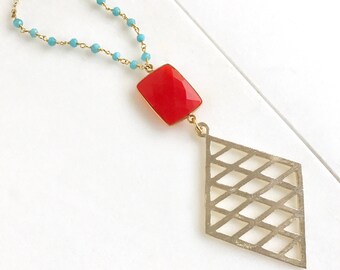 Coral and Turquoise Long Pendant Necklace. Long Boho Necklace. Long Gold Coral Red and Turquoise Necklace. Gold Necklace. Boho Jewelry.