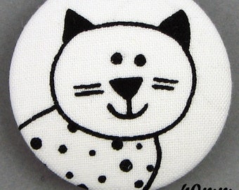 Black & white cat - cat - fabric covered button - (40-06)