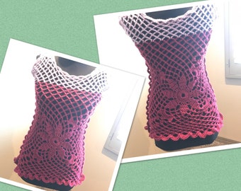 Crimson and lilac handmade crochet mesh blouse