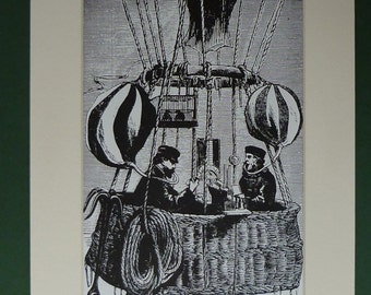Vintage Print Of A Victorian Scientific Hot Air Balloon Voyage - Science Print - Black & White Engraving - Unusual - Flying Machine