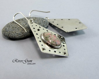 Silver Earrings, Nevada Lapis Earrings, Gemstone Earrings, Earthy Rustic Primitive Tribal Textural, Artisan Silver Earrings
