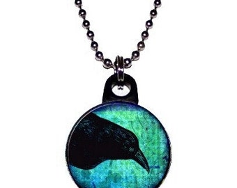 Teal Crow Raven Black Bird Necklace