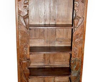 Conscious Design Antique Indian Wooden Bookcase Beautiful Hand Carving Bookshelf