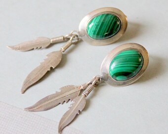 Native American Malachite Sterling Silver Earrings Dangle Vintage