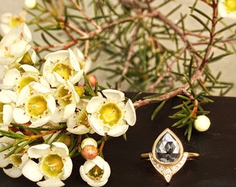 Rustic Engagament Ring, Salt and pepper diamond unique engagement ring, indie bride, Natural Diamonds, 14K Yellow Gold