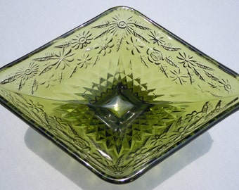 Olive Green Pressed Glass Diamond Shaped Pedestal Dish Bowl Vintage