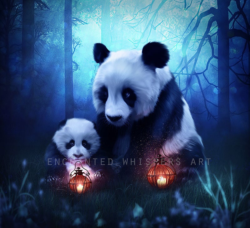 Cute fantasy panda  bears  Mom and baby in forest art  print